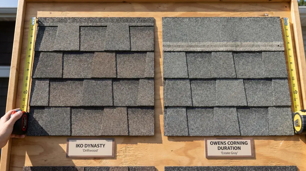 Close-up comparison of IKO Dynasty and Owens Corning Duration shingles