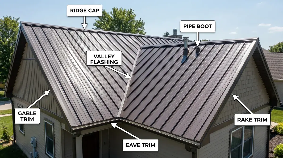 annotated photo of completed metal roof showing ridge cap, valley flashing, pipe boots, and trim components