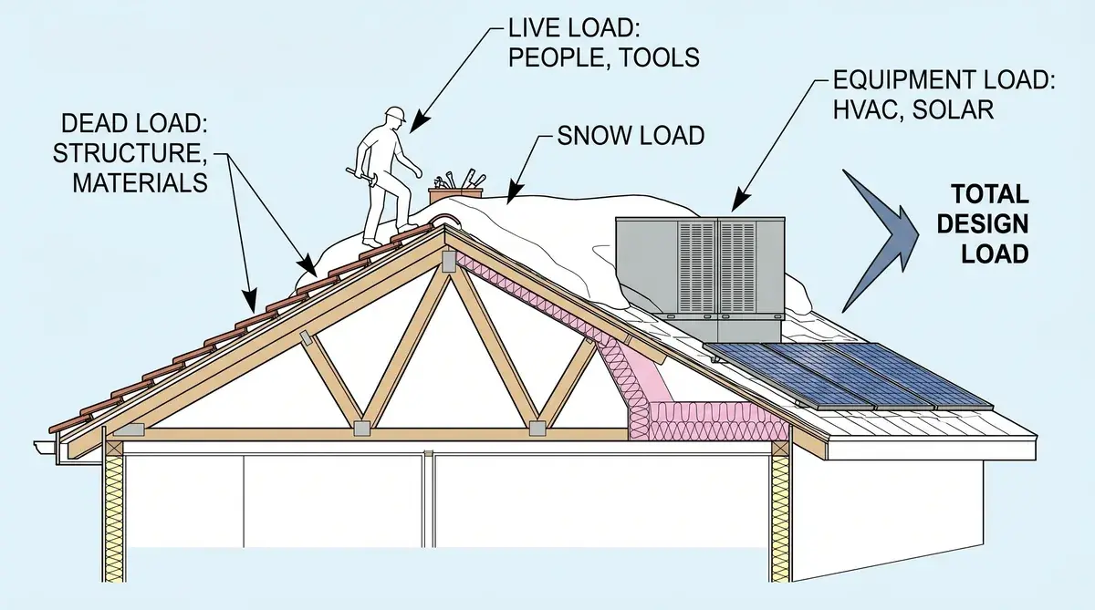Diagram showing roof load components including dead load, live load, snow load, and equipment load