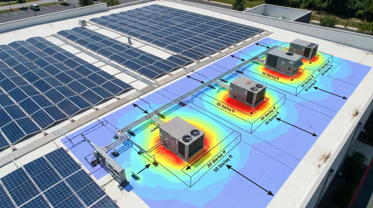 Roof with solar panels and HVAC equipment showing load distribution