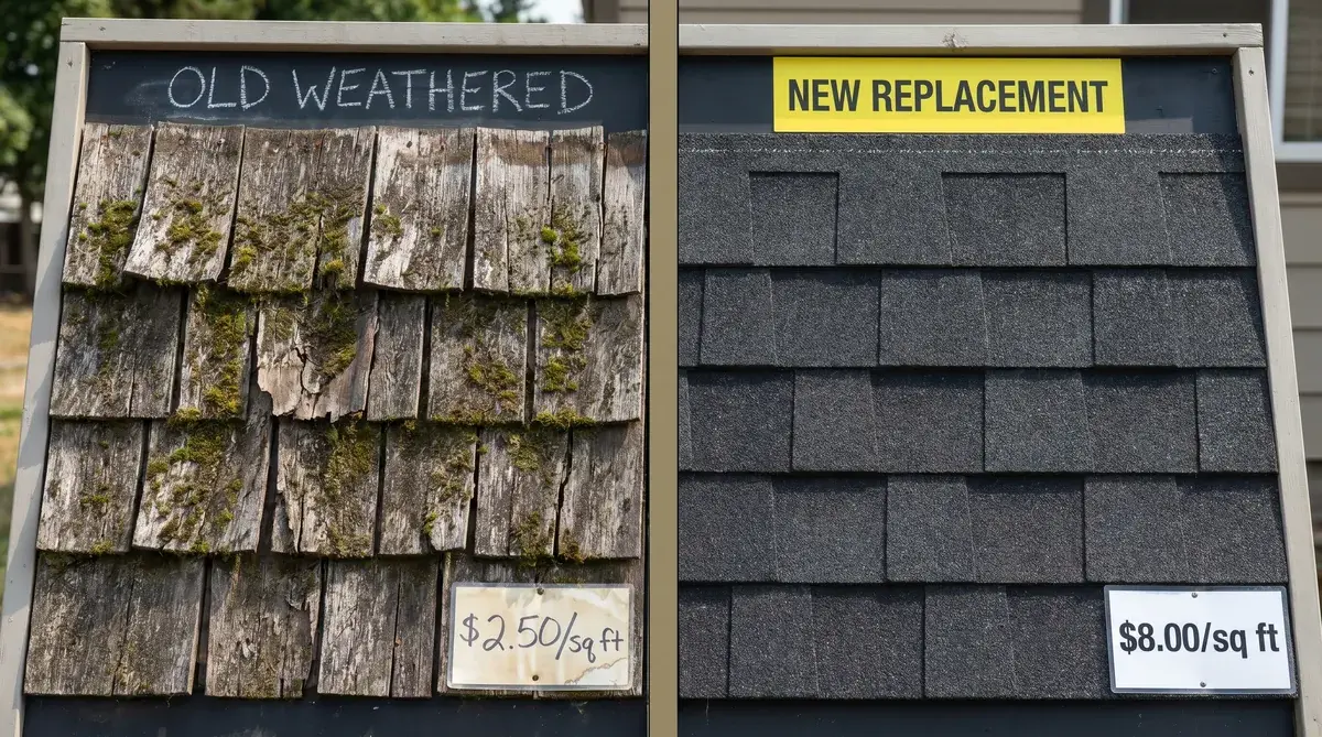 split screen showing old weathered roof shingles versus new replacement shingles with price tags