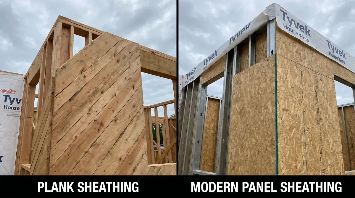 Comparison photo showing plank sheathing versus modern panel sheathing