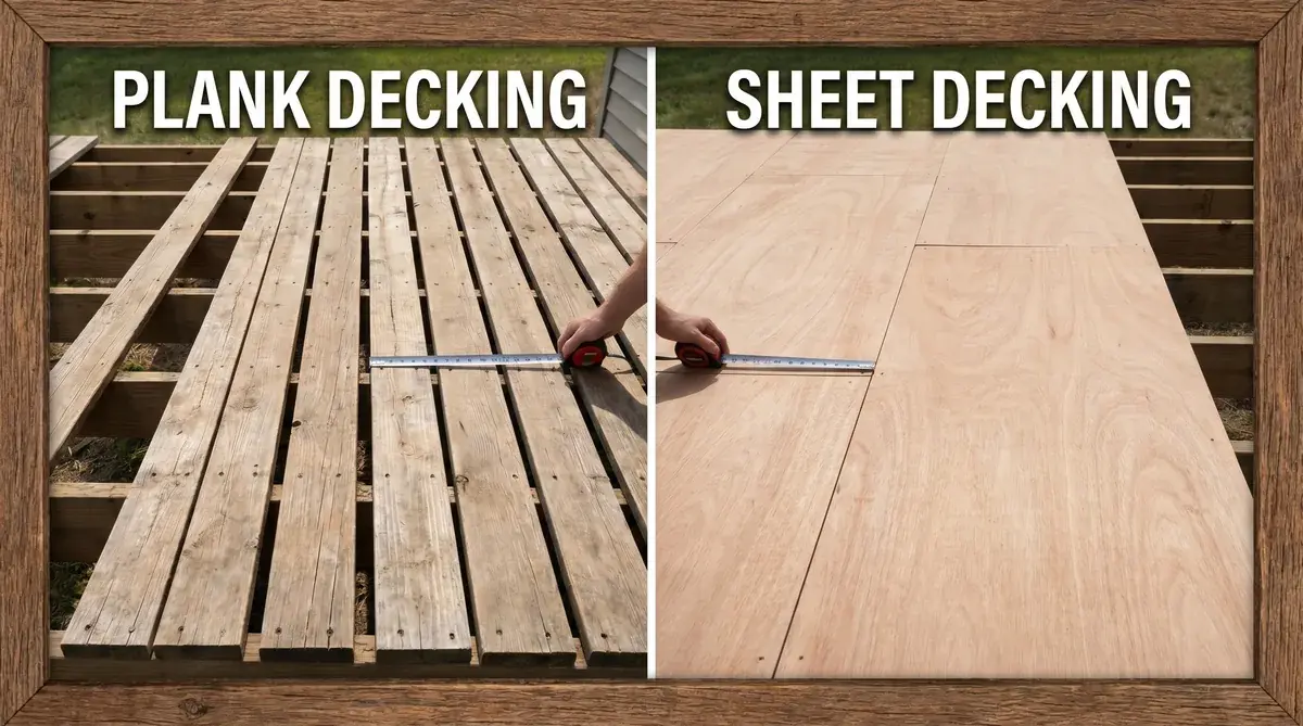 Comparison photo showing plank decking versus sheet decking side by side