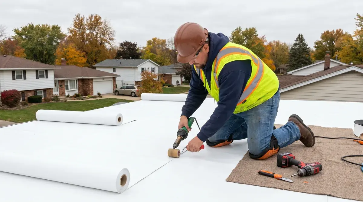 professional-installing-TPO-membrane-on-residential-low-slope-roof