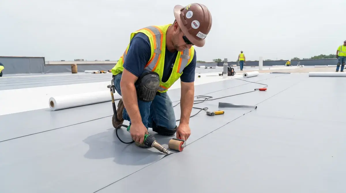 Professional roofer using heat welding equipment to join PVC membrane seams on a commercial roof installation