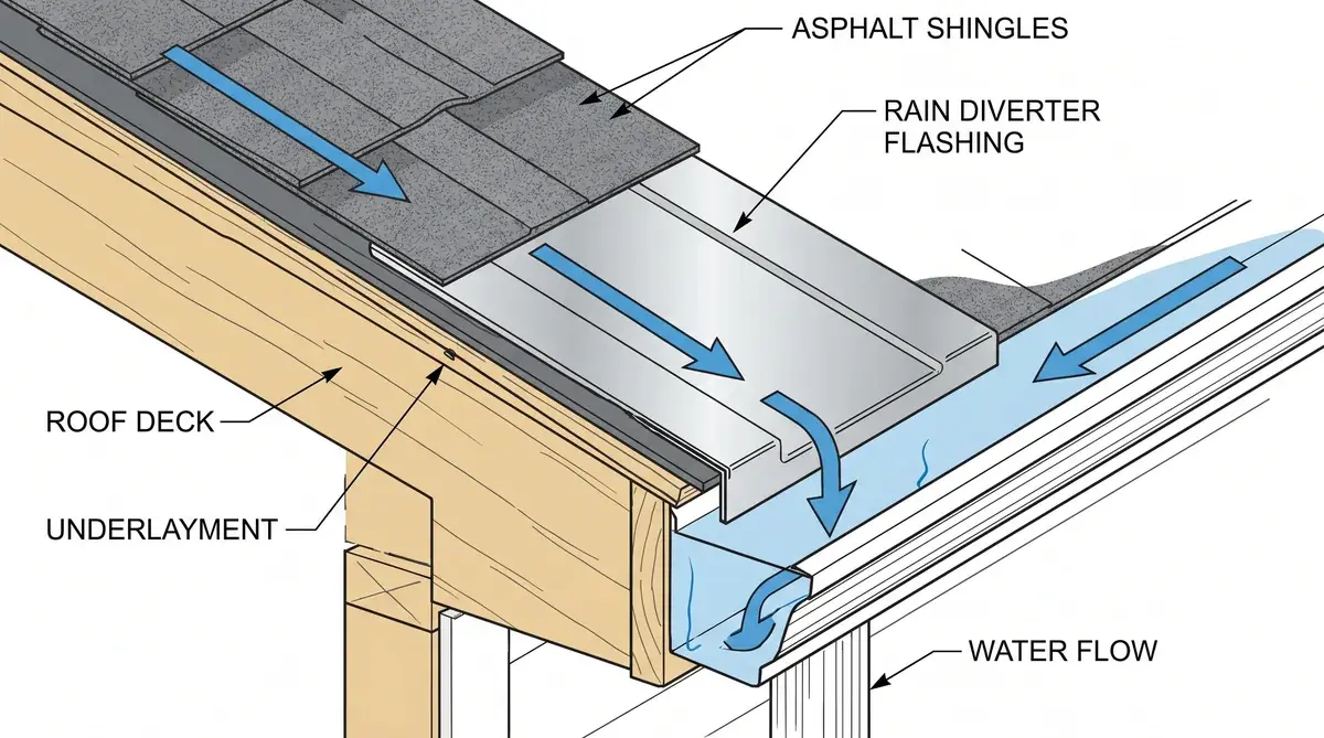 Diagram showing rain diverter installation under shingles with water flow arrows