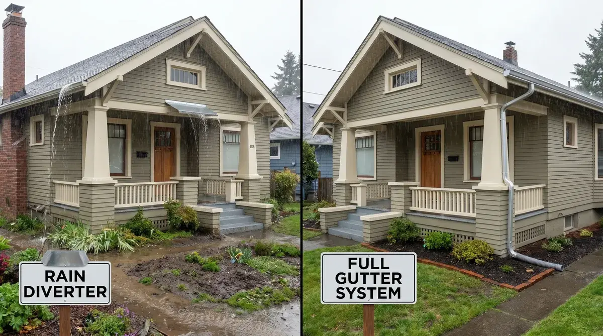 Comparison photo showing rain diverter vs gutter system on similar homes