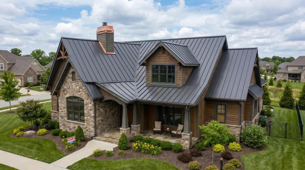 Residential home with completed standing seam metal roof installation