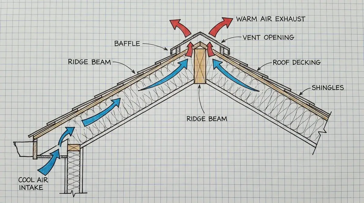 Ridge vent cross section showing airflow pattern