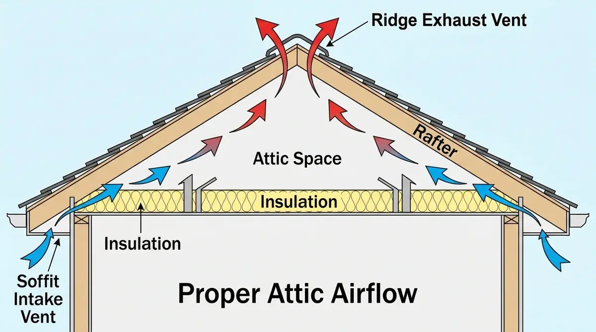 Cross-section diagram showing proper airflow from soffit intake vents to ridge exhaust vents