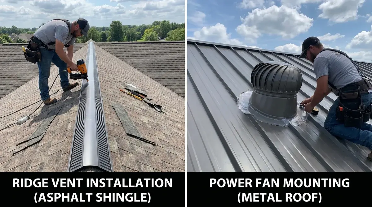 Side-by-side photos showing ridge vent installation versus power fan mounting on different roof types