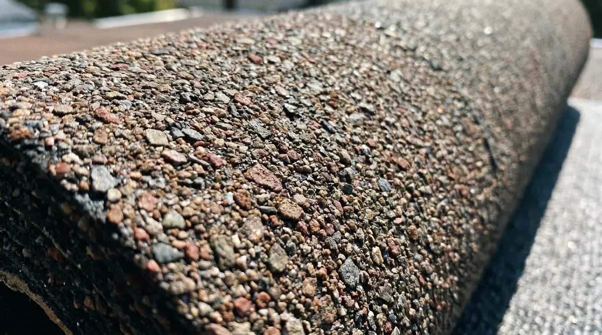 Close-up view of rolled roofing material showing granular surface texture