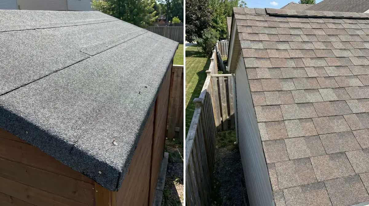 Comparison showing rolled roofing on shed versus asphalt shingles on house