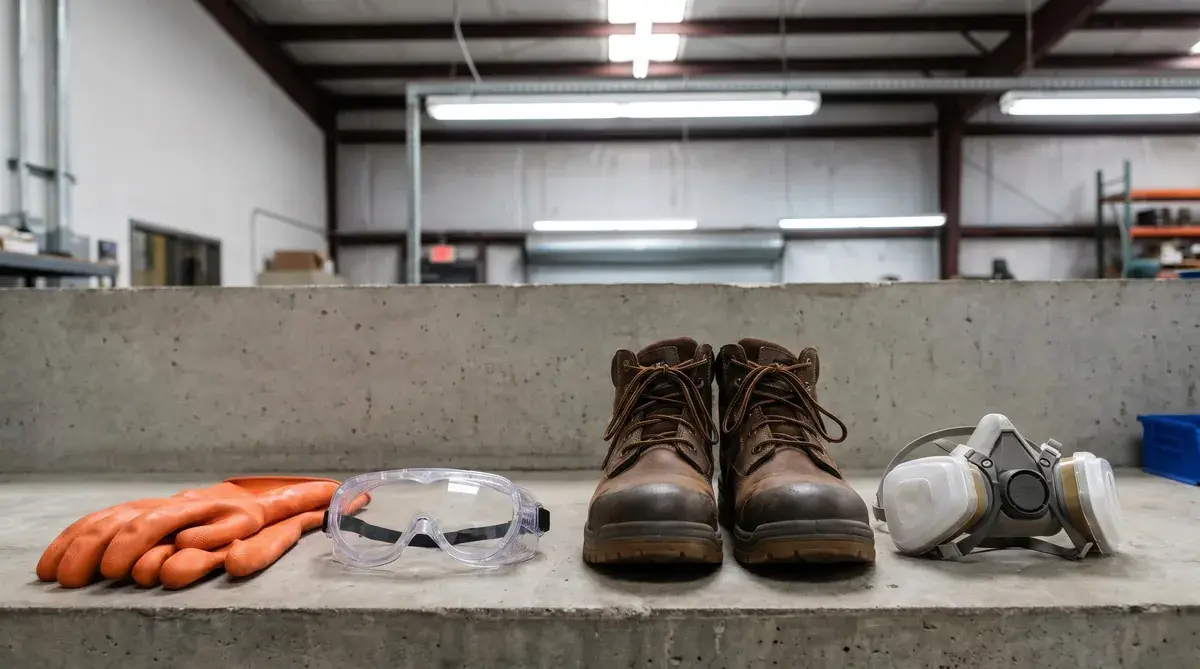 Safety equipment laid out including rubber gloves, safety goggles, non-slip boots, and breathing mask