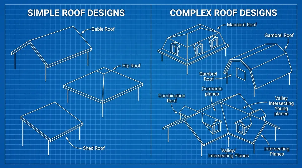 Roof complexity diagram showing simple vs complex roof designs