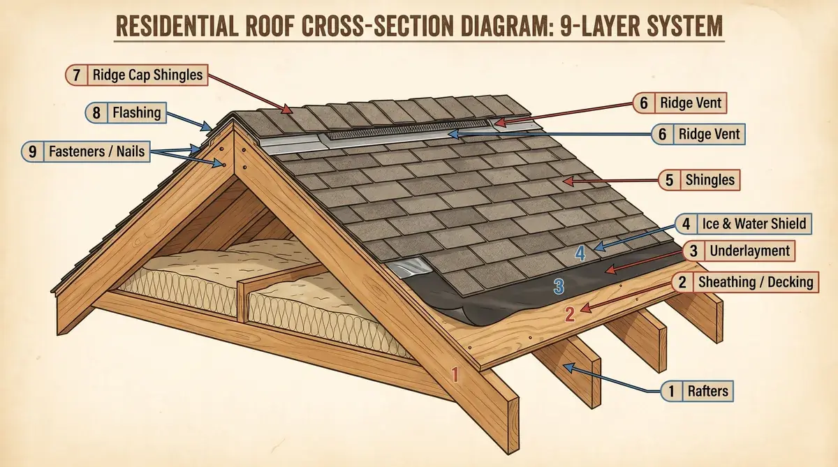 Cross-section diagram showing roof layers including decking, underlayment, and shingles with labels for each component