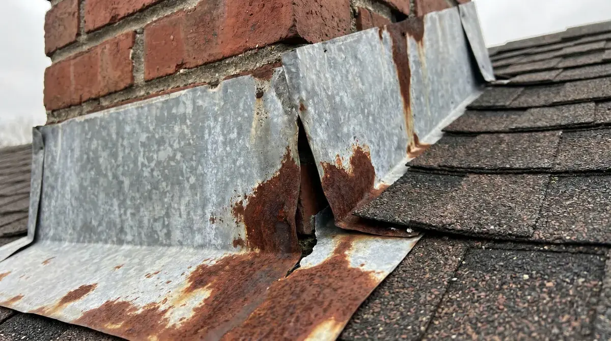 Close-up view of damaged roof flashing around a chimney showing rust and separation that needs repair