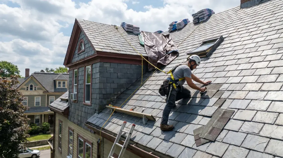Roofer working on a steep residential roof wearing safety equipment with materials and tools spread around the work area