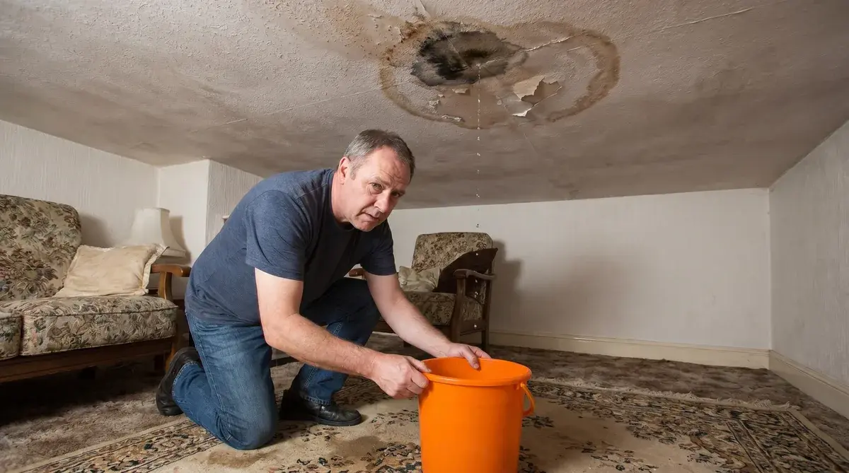 Homeowner placing bucket under ceiling leak with water damage visible