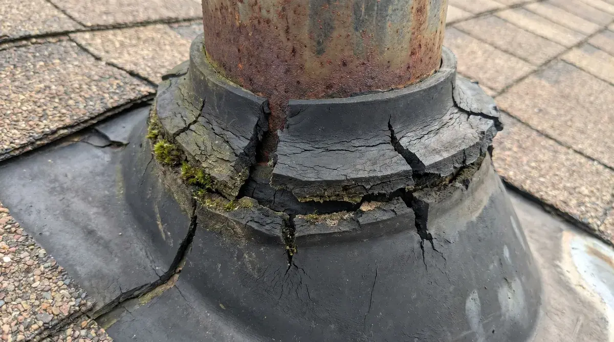 Close-up of damaged pipe boot with cracked rubber seal around vent pipe