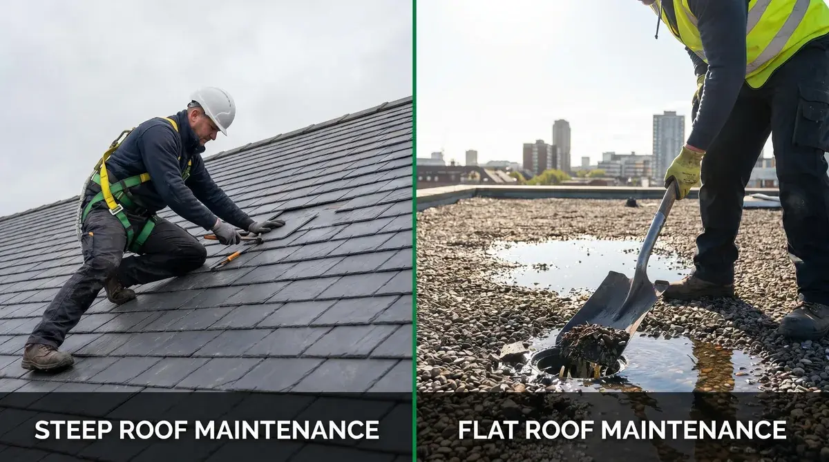 Roof maintenance comparison showing steep vs shallow maintenance tasks