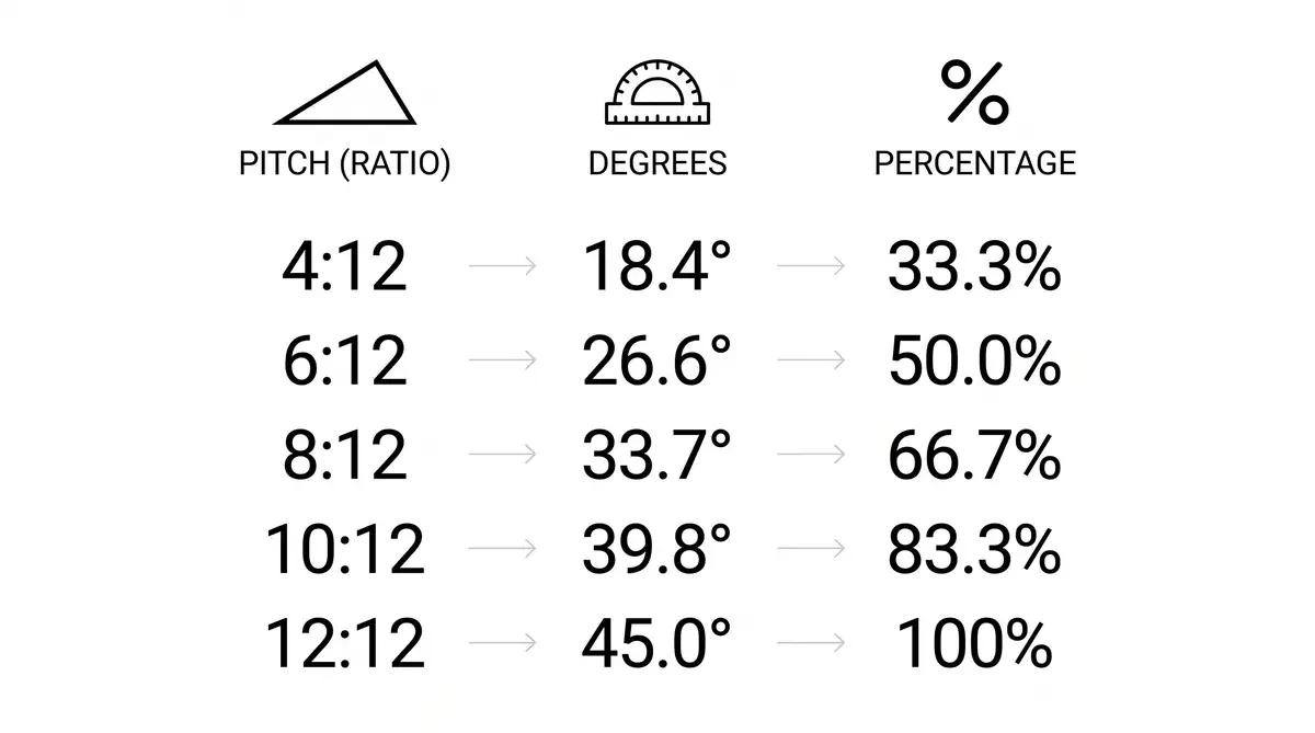 Conversion chart showing pitch, degrees, and percentage relationship