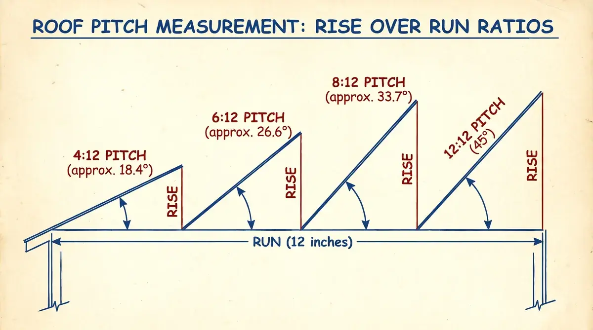 Roof pitch measurement diagram showing different angles with labels