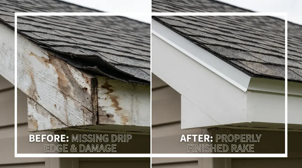 Before and after photos showing a damaged rake edge with missing drip edge versus a properly finished rake with all components installed