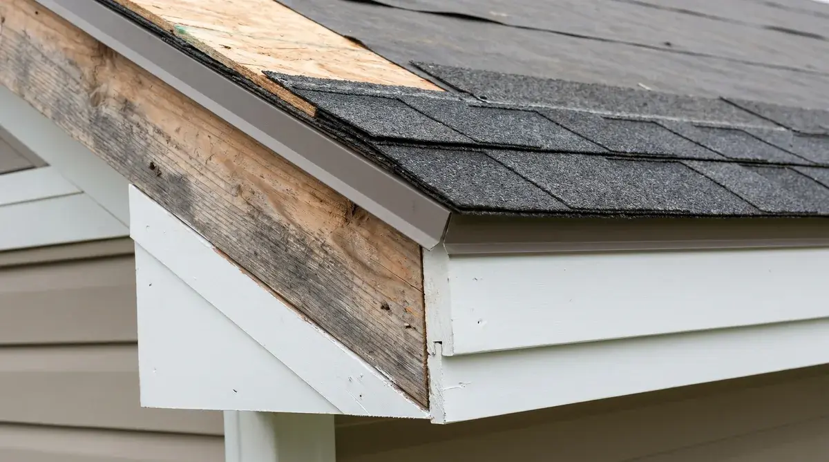 Close-up cross-section showing rake board, drip edge, starter shingles, and trim assembly