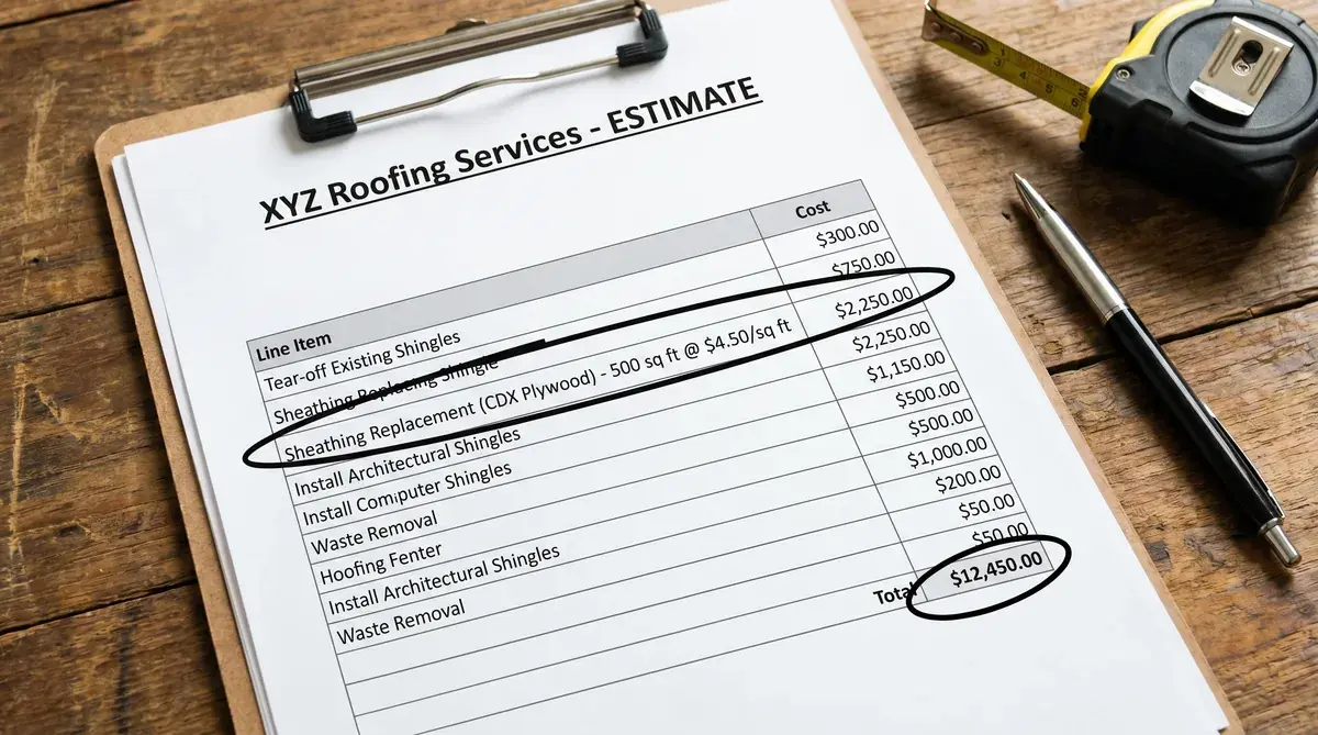 Sample estimate showing roof sheathing line item
