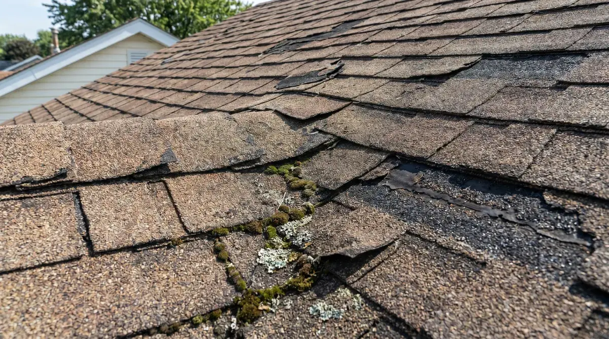 Roof showing common signs of aging including curled shingles and granule loss