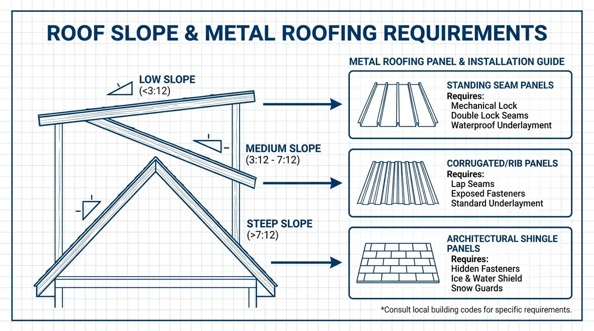 Diagram showing different roof slopes and metal roofing requirements