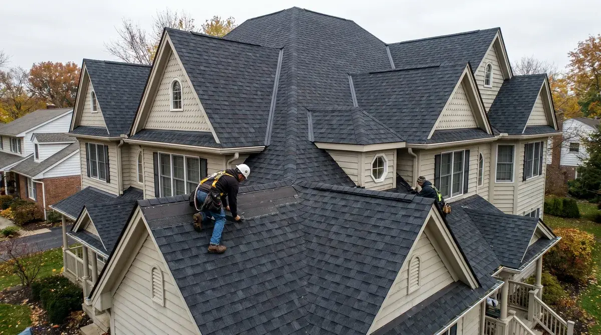 roofing contractor installing materials on a complex roof with multiple angles and valleys