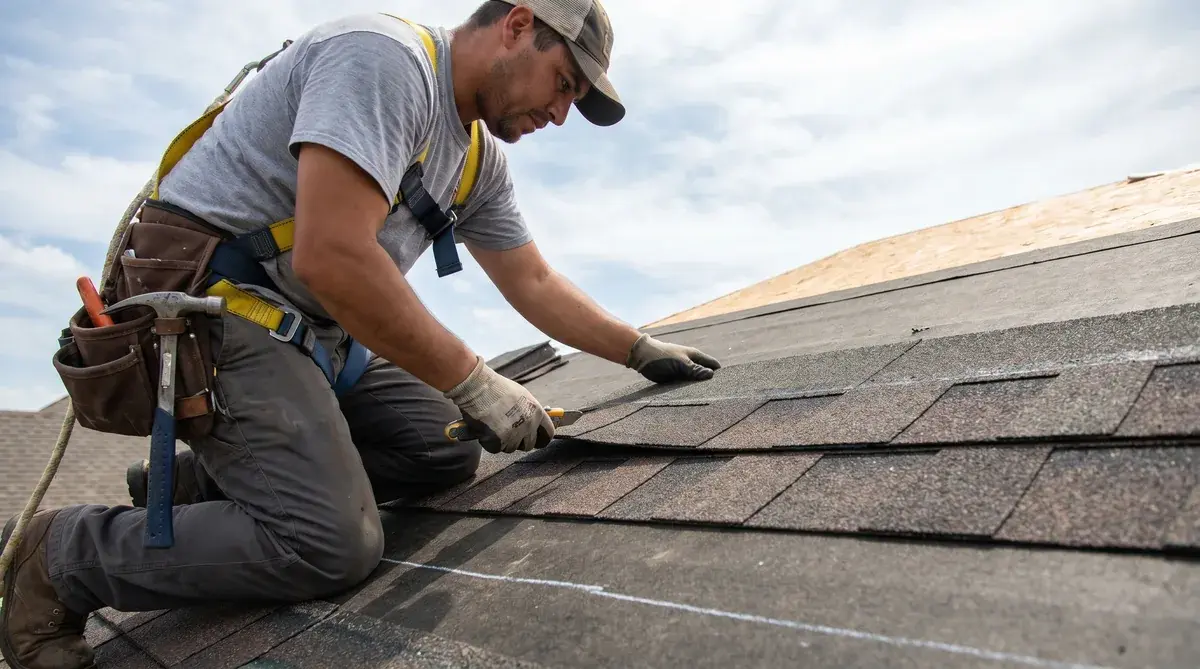 Roofing contractor installing composite shingles showing individual placement technique