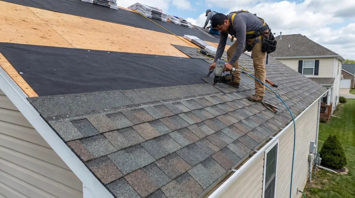 Roofing contractor installing dimensional shingles showing layered installation process
