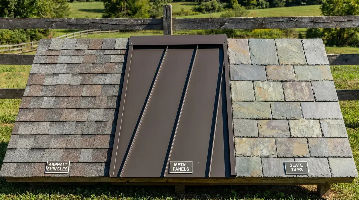 Side-by-side comparison showing different roofing materials - asphalt shingles, metal panels, and slate tiles on sample roof sections