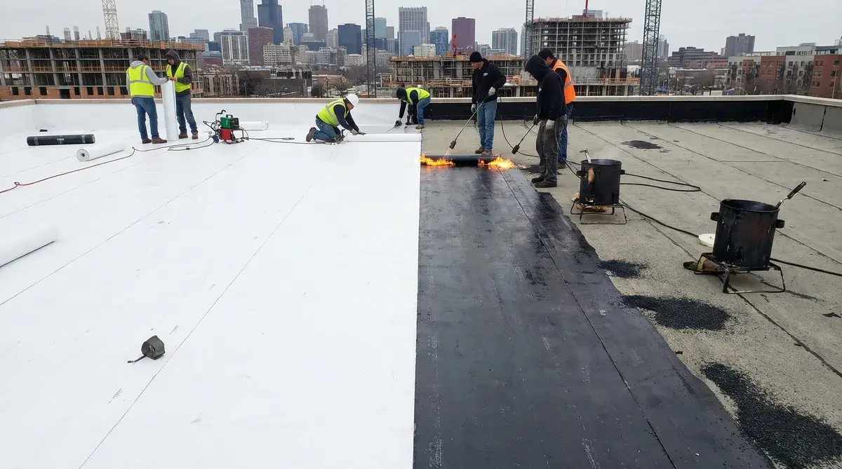 side by side comparison of tpo and modified bitumen roof installations