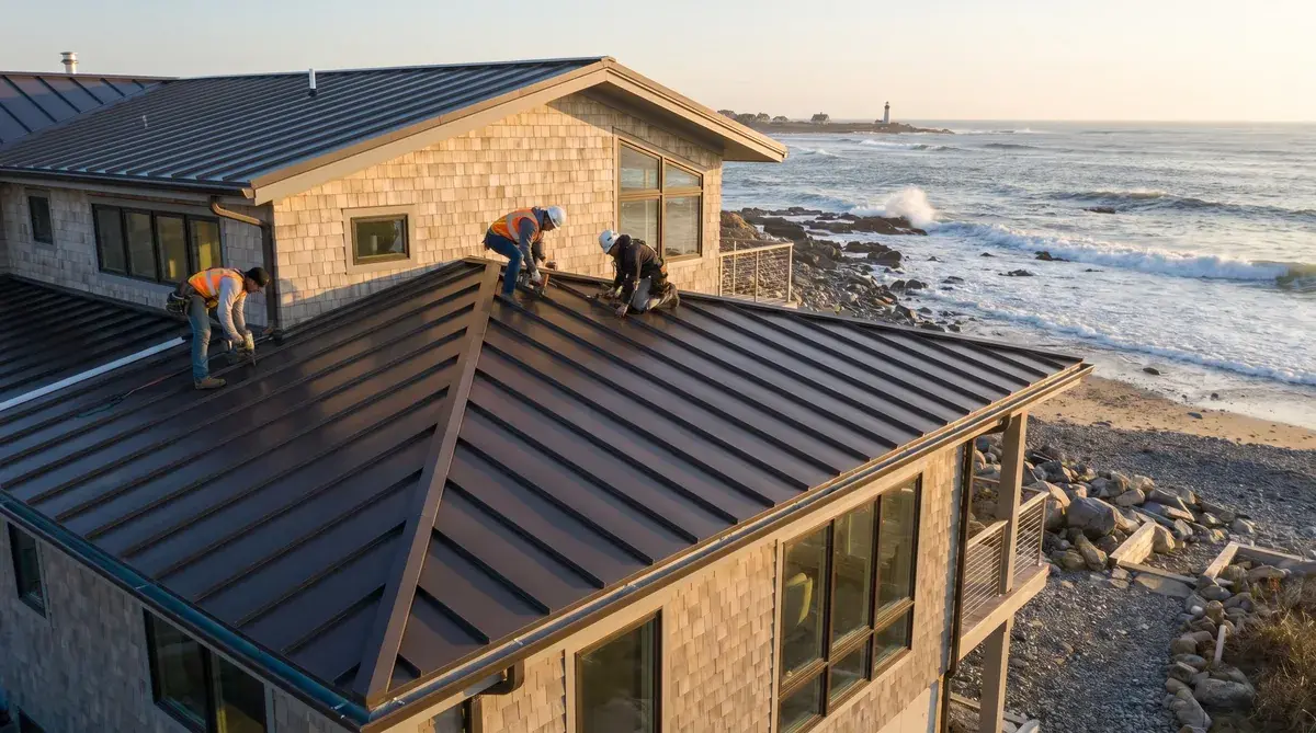 Standing seam metal roof installation on a Myrtle Beach area home