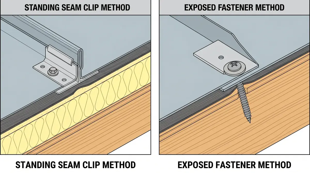 detailed cross-section showing standing seam clips vs exposed fastener attachment methods