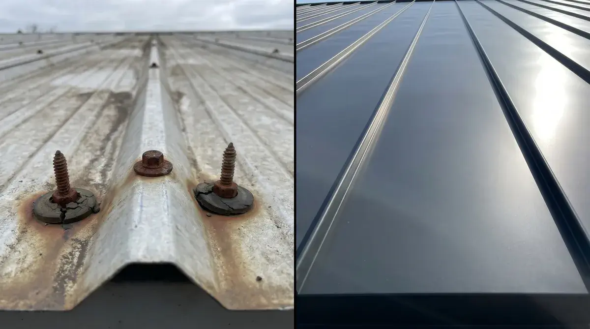 comparison showing weathered exposed fasteners with degraded washers vs clean standing seam