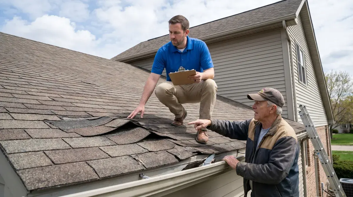 Insurance adjuster inspecting roof with homeowner pointing to damage
