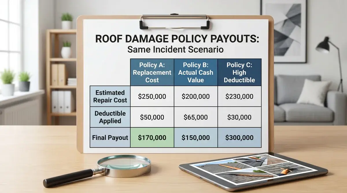 Comparison chart showing different policy payouts for same roof damage