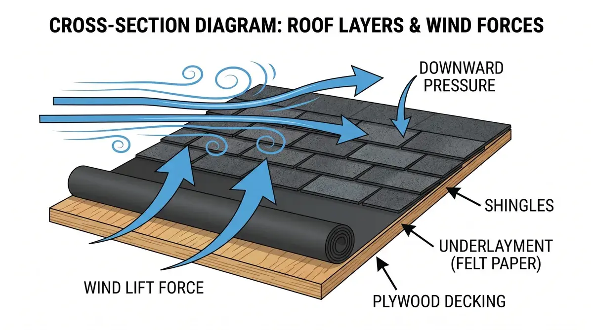 Cross-section diagram showing roof layers including decking, underlayment, and shingles with wind forces illustrated