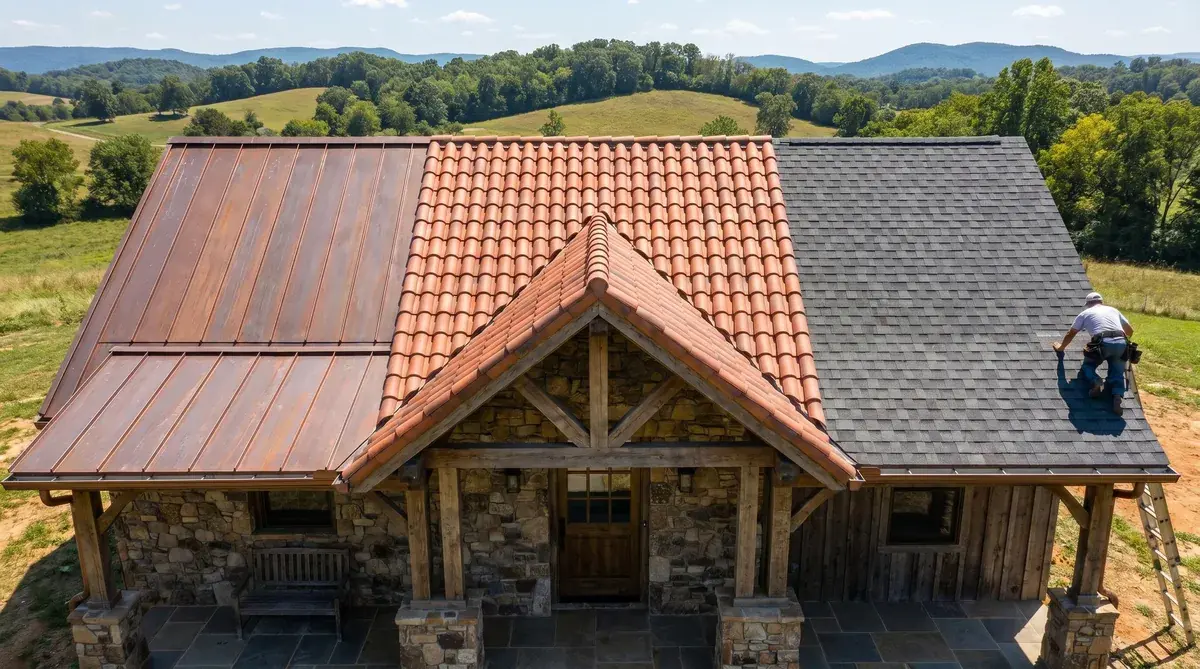 Comparison of different roofing materials showing metal, tile, and shingles side by side