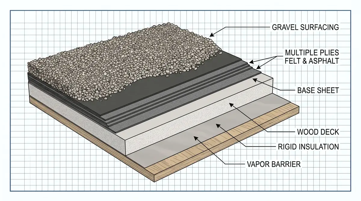 Cutaway diagram showing tar and gravel roof construction layers