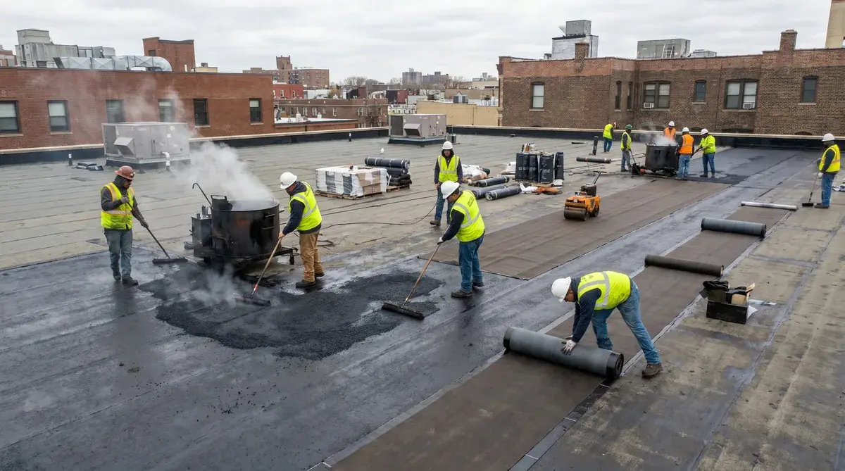 Installation process showing workers applying hot asphalt and laying reinforcing felt on a commercial flat roof