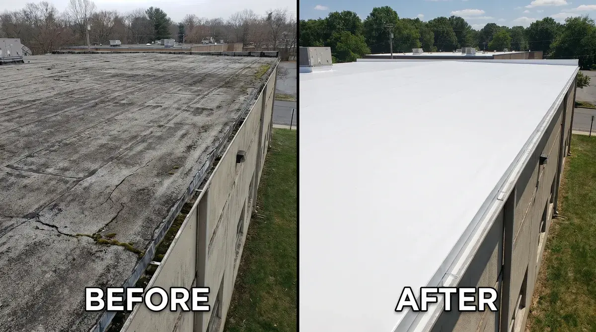 Before and after comparison tar gravel roof versus modern white TPO system