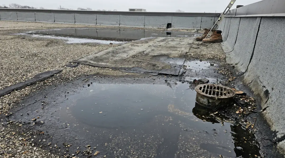 water-pooling-on-low-slope-roof-showing-drainage-issues