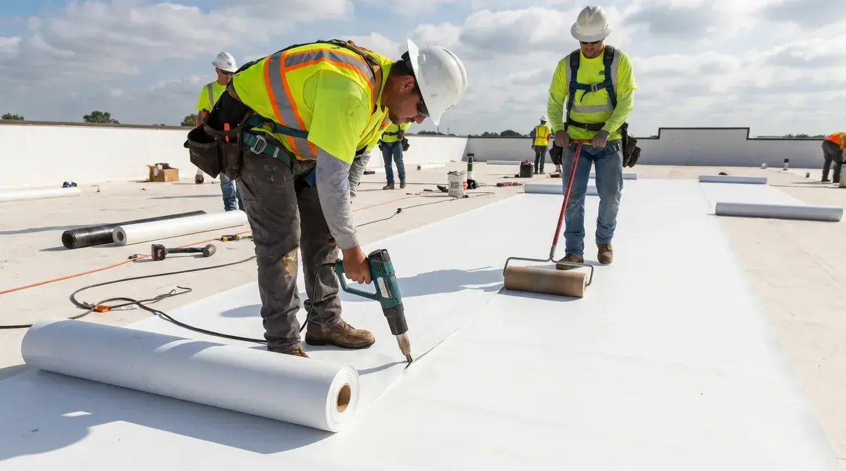 white tpo roofing membrane installation with heat welding process
