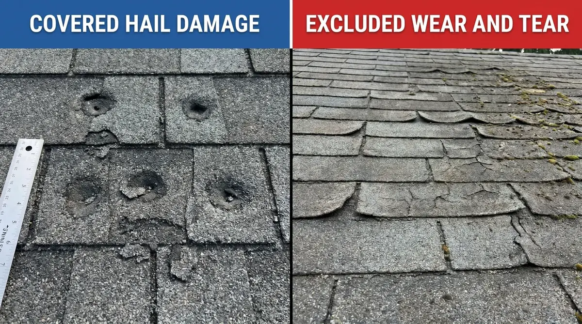 Split image showing covered hail damage versus excluded wear and tear on roof